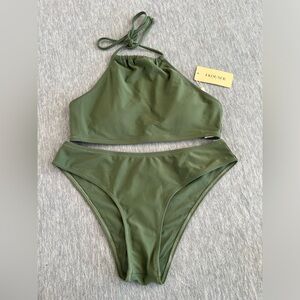 Ekouaer 2 piece halter bikini women’s‎ M sage green high cut brief solid travel